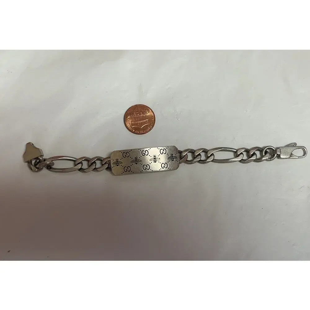 Gucci Sterling Silver 925 GG Bee Engraved Chain ID Bracelet Size 16 Italy